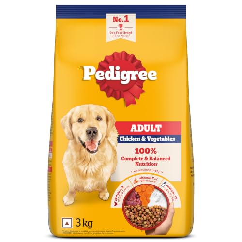 Pedigree Adult Dry Dog Food, Chicken & Vegetables, 3 kg, Shinier Coat | 100% Complete &…