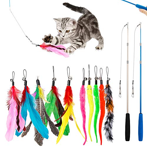 JIARON Feather Teaser Cat Toy, 2PCS Retractable Wand & 10PCS Replacement Feathers, Inte…
