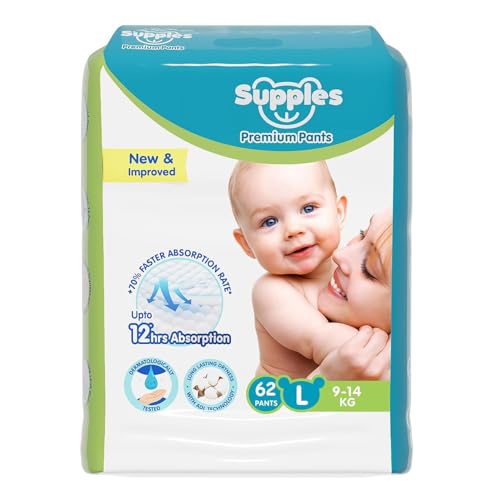 Amazon Brand - Supples Premium Baby Diaper Pants | 62 Baby Diapers | Large | 9-14 Kg |…
