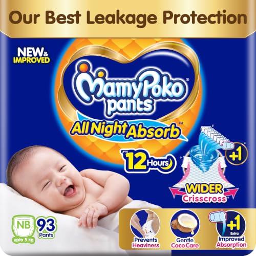 MamyPoko New Pants All Night Absorb|Pantstyle Baby Diapers New Born Size(XS), 93 Count,…