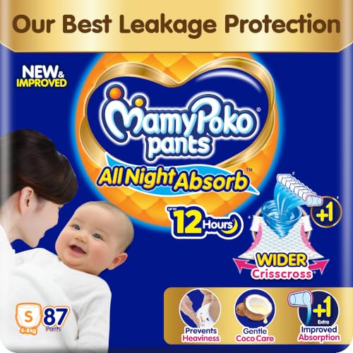 MamyPoko New Pants All Night Absorb|Pant Style Baby Diapers Small Size(S), 87 Count, Id…