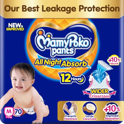New Mamypoko Pants Premium All Night Absorb| Pant Style Baby Diapers Medium Size(M), 70…