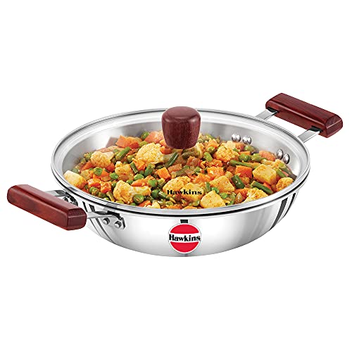 Hawkins 2.5 Litre Deep Fry Pan, Triply Stainless Steel Kadai with Glass Lid, Flat Botto…