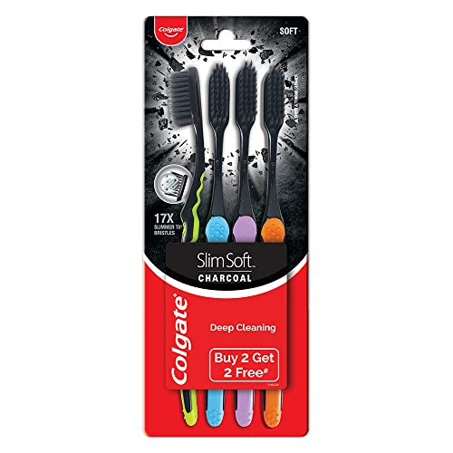 Colgate SlimSoft Charcoal Toothbrush Set of 4 | Soft Bristles | Deep Cleaning