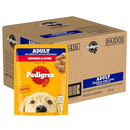 Pedigree Adult Wet Dog Food, Chicken & Liver Chunks in Gravy, 70 g (Pack of 30), Comple…