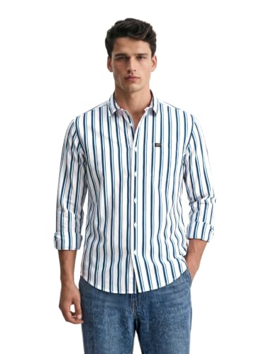 The Indian Garage Co Adult Men's Cotton Striped Slim Fit Shirt (0619-SH04-04_White S)