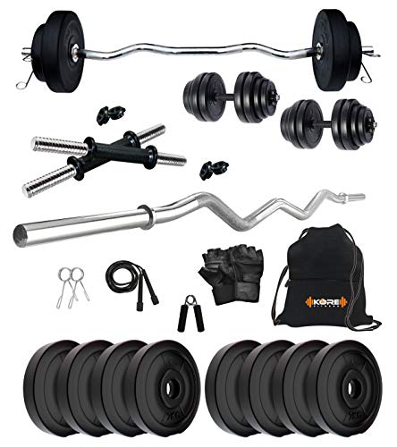 Kore PVC 16 Kg Home Gym Set With One 3 Ft Curl And One Pair Dumbbell Rods With Gym Acce…