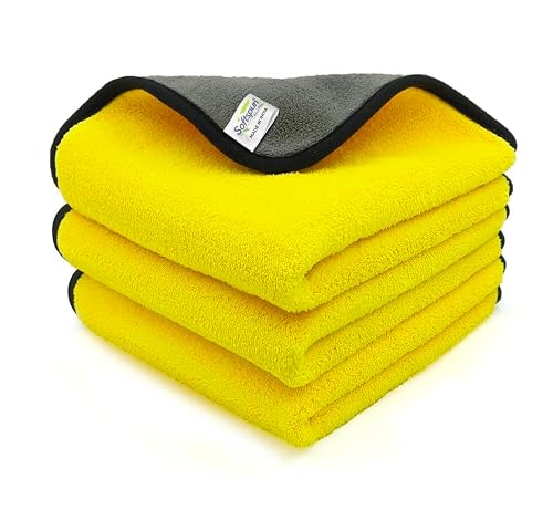 SOFTSPUN Microfiber Cloth Silk Banded Edges 800 GSM 30X40 cms 3pcs Yellow+Grey! Silk Ba…