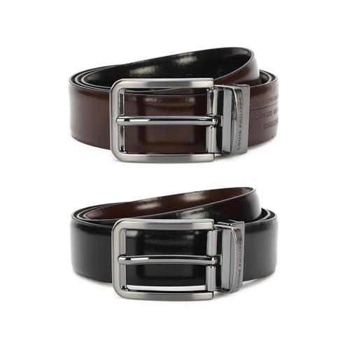 Louis Philippe Men 100% Italian Leather Brush Gun Metal Buckle Formal Reversible Belt
