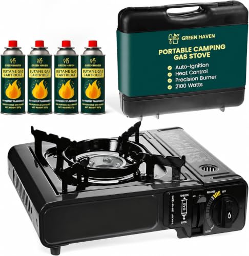 Green Haven Alloy Steel Black Portable Camping Stove with Cary Case & 4 Butane Gas - Pr…
