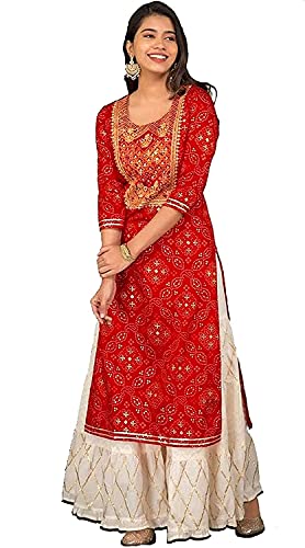 Women Rayon Printed Straight Kurti With White Kurta Sets Round Neck With 3/4 Sleeve For…