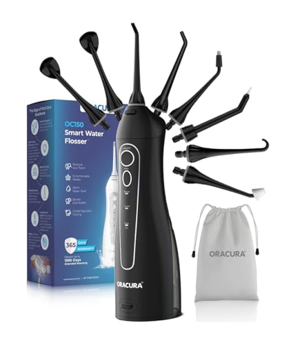 ORACURA OC150 Dental Pro Smart Water Flosser for Teeth (Black, 8 Tips) | Portable & Rec…