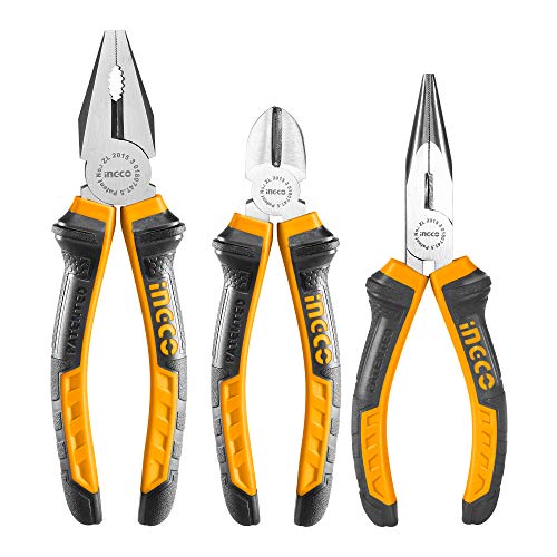 INGCO 3 Pcs Pliers Set, Includes 8"" Combination pliers, 6"" Long Nose Pliers, 6"" Diag…