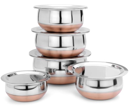 LIMETRO STEEL Stainless Steel Copper Bottom Cookware Set/Handi Set of 5 with Lids - (0.…