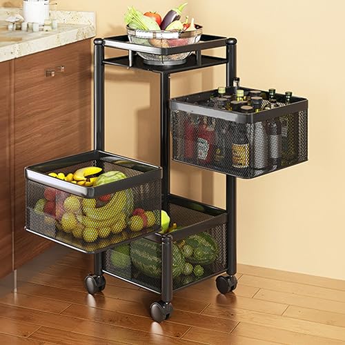 TEX-RO Kitchen Trolley with Wheels | 3-Layer Metal Vegetable Basket Stand & Kitchen Sto…