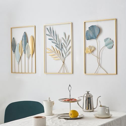 FUNTEREST Gold Leaf Wall Decor Modern Wall Art Home Decor, Set of 3 Metal Wall Hanging…