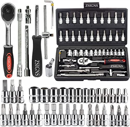 ZSIGNS 46Pcs 1/4 Inch Drive Box End Socket Set,Metric Ratchet Wrench Set With 4-14Mm Cr…
