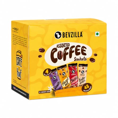 Bevzilla 48 Instant Coffee Powder Sachets (4 Flavours) - 96g | Hazelnut, Classic, Vanil…