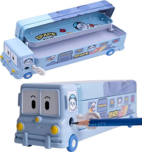 FAMOUS QUALITY® 2 in 1 - Cartoon Printed School Bus Metal Pencil Box with Moving Tyres…