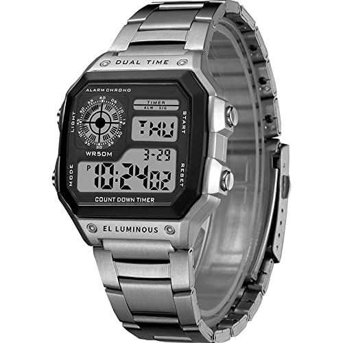 Shocknshop Digital Sports Square Black Dial Stainless Steel Strap Unisex Watch (Black D…