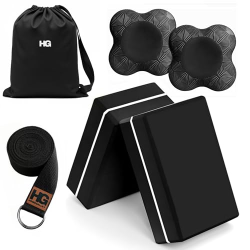 HOMEGALLEY Yoga Blocks Pack of 2 with Belt and 2 Knee Pad for Exercise, Yoga, Pilates &…