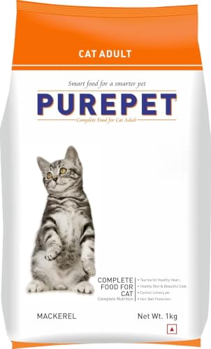 Purepet Adult Dry Cat Food 1kg | Mackerel Flavour | Hairball Protection | Heart Care wi…