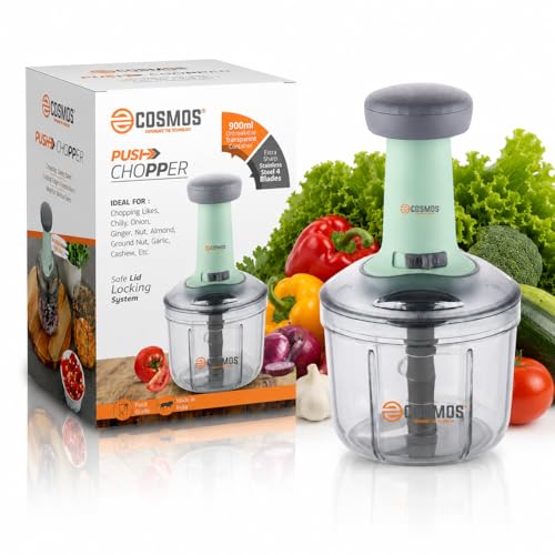 E-COSMOS® Food Chopper 900ml, 4 Blade Steel Large Manual Hand-Press Vegetable Chopper M…