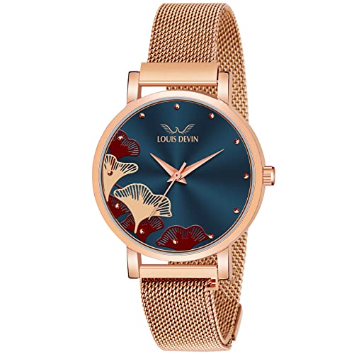LOUIS DEVIN Rose Gold Plated Mesh Chain Analog Wrist Watch for Women (Blue Dial) | LD-R…