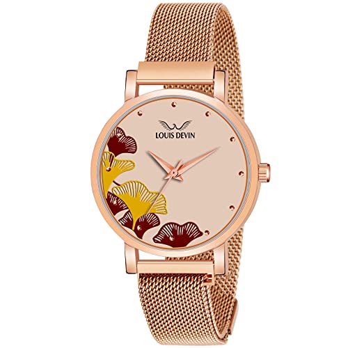 LOUIS DEVIN Rose Gold Plated Mesh Chain Analog Wrist Watch for Women (Rose Gold Dial) |…