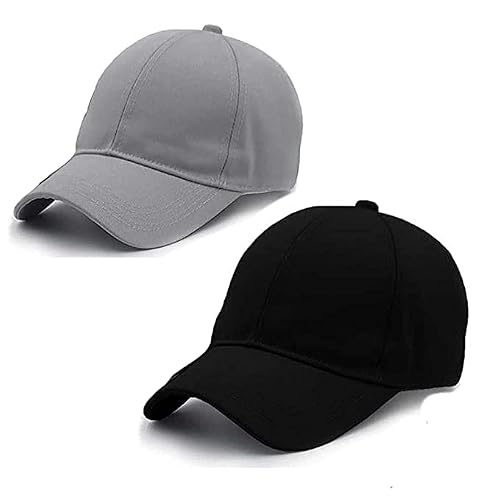 SELLORIA Acrylic Plain Baseball Sport Cap For Men Boys & Women.Pack Of 2 (Grey & Black)