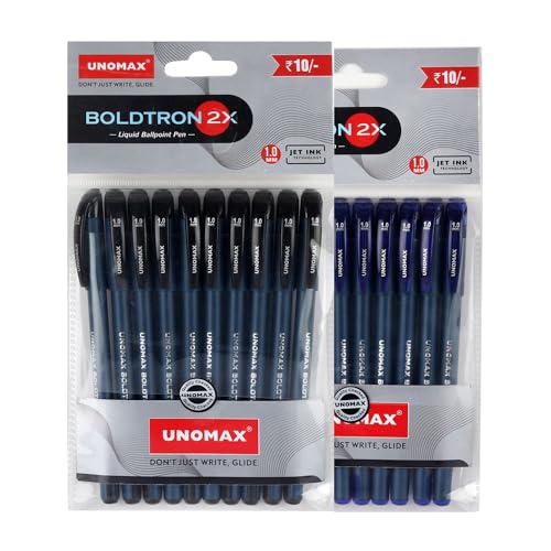UNOMAX Boldtron 2X 1.0mm Ball Point Pens - Pack of 20 (10 Blue & 10 Black) | Fast-Flowi…