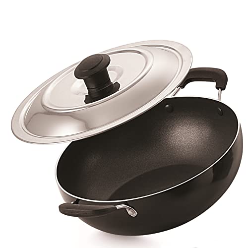 paasapahce 23.5 cm Non‑Stick Kadhai with Stainless Steel Lid | Induction & Gas Compatib…