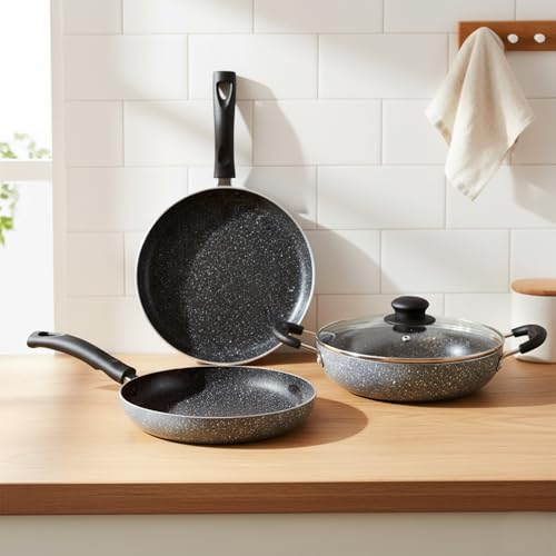 Amazon Solimo Aluminium 4 Piece Non-Stick Cookware Set | Granite Finish | Induction Bas…