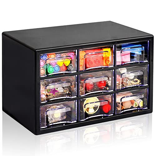 FODIENS Stackable Desk Organizer with 9 Drawers, Clear Storage Box, Black