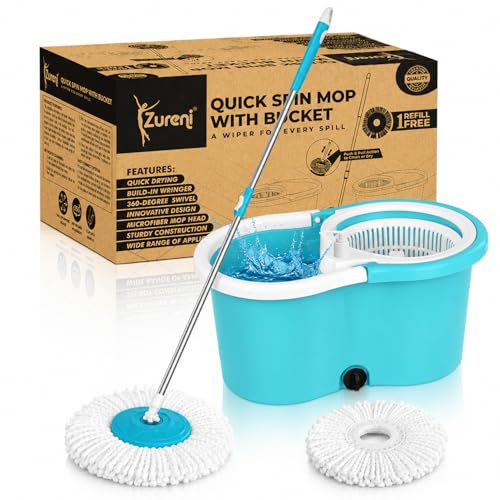 Zureni Bucket Quick Spin Mop with 2 Microfiber Wet Dry Mophead Floor Cleaning pocha Ext…