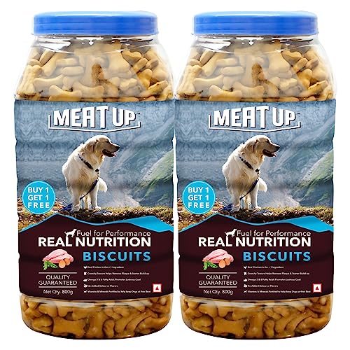 Meat Up Dog Treats Biscuits (2 x 800g), Total 1.6kg | Real Chicken & Milk Flavour | Hel…