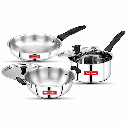Butterfly Classic Stainless Steel Cookware 5 Pcs Set|Fry Pan 22Cm(1.4L)|Kadai 22Cm(2.2L…