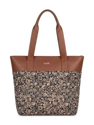 ZOUK Flomotif Floral Printed Women's Jute Handcrafted Vegan Leather Black Everyday Tote