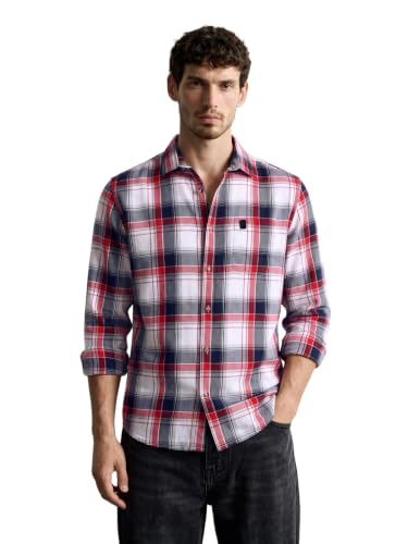 The Indian Garage Co Cotton Men's Checkered Slim Fit Shirt (0822-SH369-01_White & Navy…