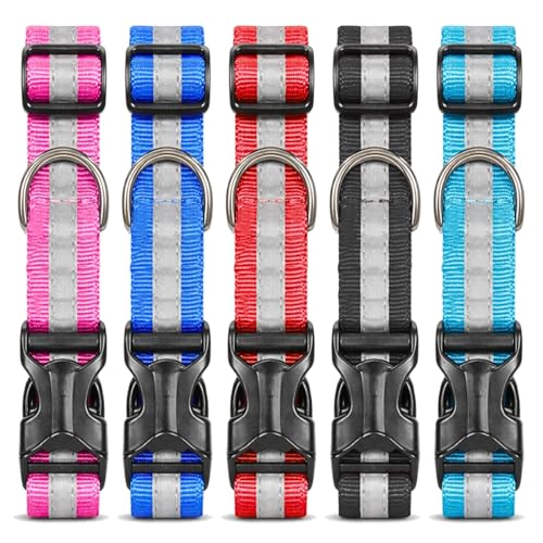 Buraq Pets 5 pcs Reflective Dog Collar Adjustable Nylon Metal D Ring