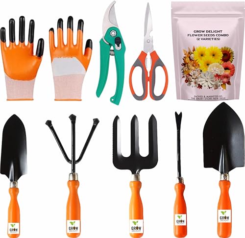 GROW DELIGHT Gardening Tools Kit-9 Pcs (Fork, Cultivator, Trowels, Garden Gloves, Weede…