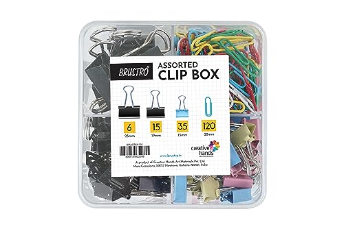 BRUSTRO Assorted Clip Box | Includes 120 Paper Clips-28mm & 56 Binder Clips (25mm- 6 pc…