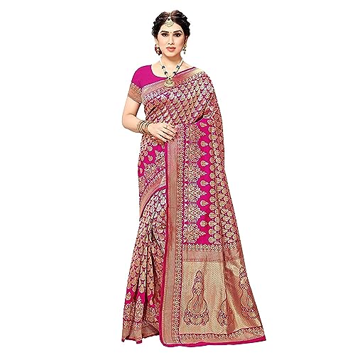 Yashika Women's Trendy Banarasi Kanjivaram Pink Color Art Silk Saree with Blouse Materi…