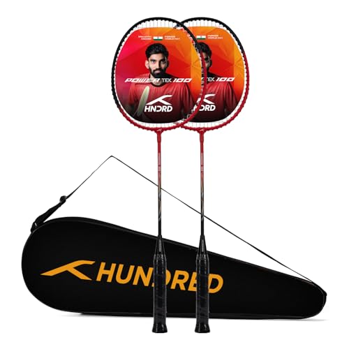 Hundred Aluminium Powertek 100 (Set of 2) Badminton Racket with Full Cover (115G, Red/B…