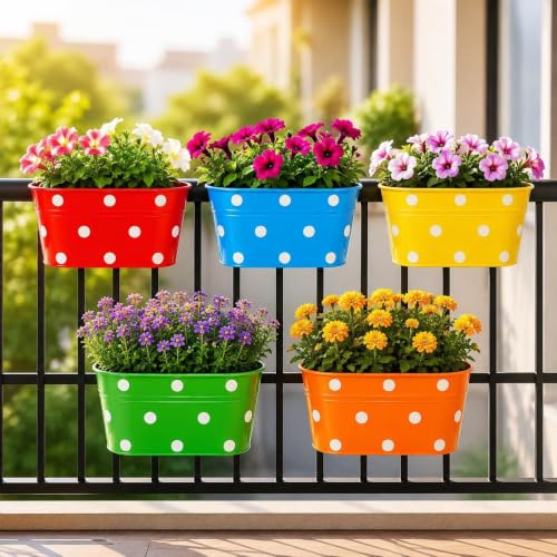 EXALT Metal Railing Planter for Balcony, 12 Inch Hanging Flower Pot, Heavy Duty Oval Ra…