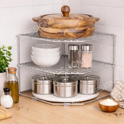 NH10 DESIGNS Stainless Steel 2-Level Tabletop Corner Shelf Rack for Kitchen Storage, St…