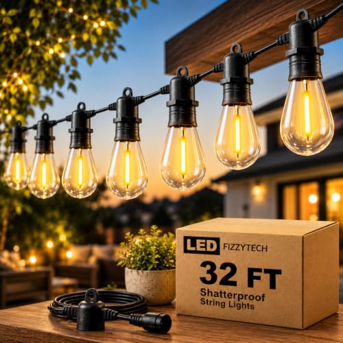 fizzytech Outdoor String Lights E26 Bulb, 10 Meter Warm White Waterproof Lights for Bal…