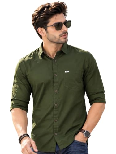 Majestic Man Men Classic Slim Fit Pure Cotton Casual Shirt (Large, Olive)