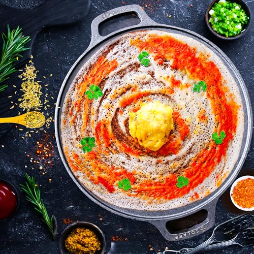 SOLARA Cast Iron Tawa for Roti and Dosa 12 Inch, Pre-Seasoned Cookware