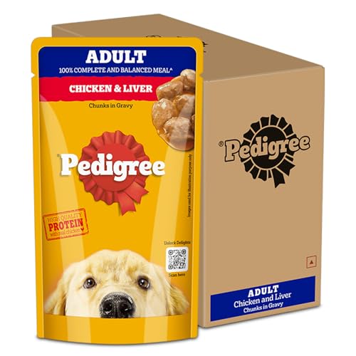 Pedigree Adult Wet Dog Food, Chicken & Liver Chunks in Gravy, 130 g (Pack of 12), Compl…